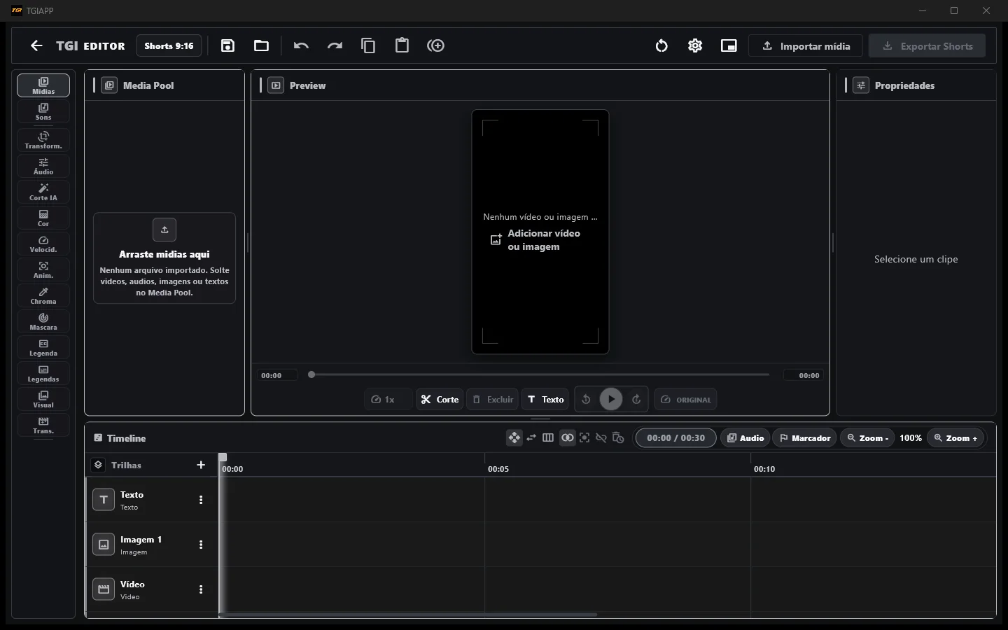 Editor de vídeo real do TGI APP com preview e timeline